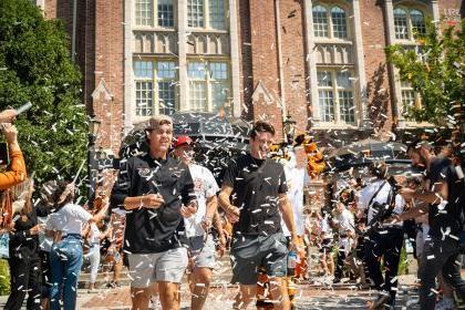 students are showered with confetti during Tiger Roar 